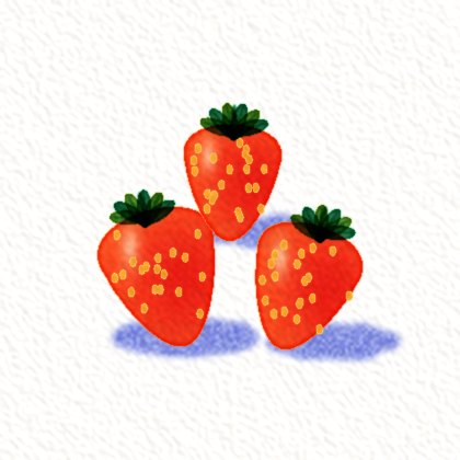 Leo's Day 5 painting of three ripe strawberries with soft blue shadows