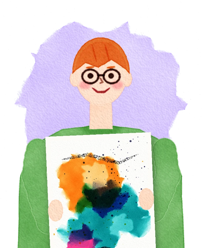 Illustration of Finn holding up a bold abstract painting