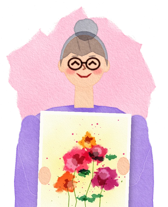 Illustration of Ruth holding up her loose floral painting