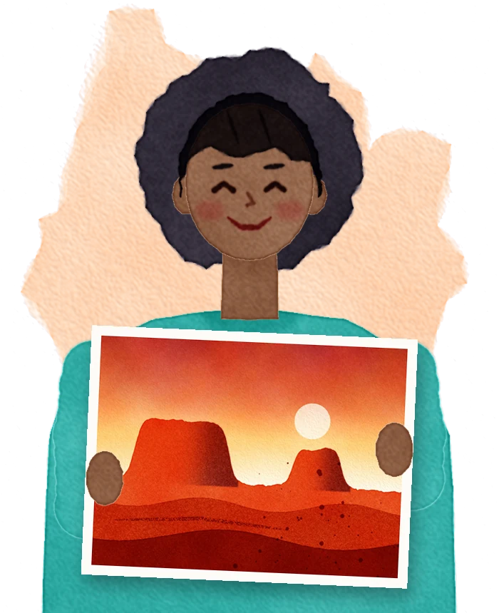 Illustration of Ama holding up her painting of glowing desert mesas