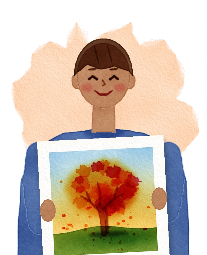 Illustration of Leo holding up his painting of an autumn tree