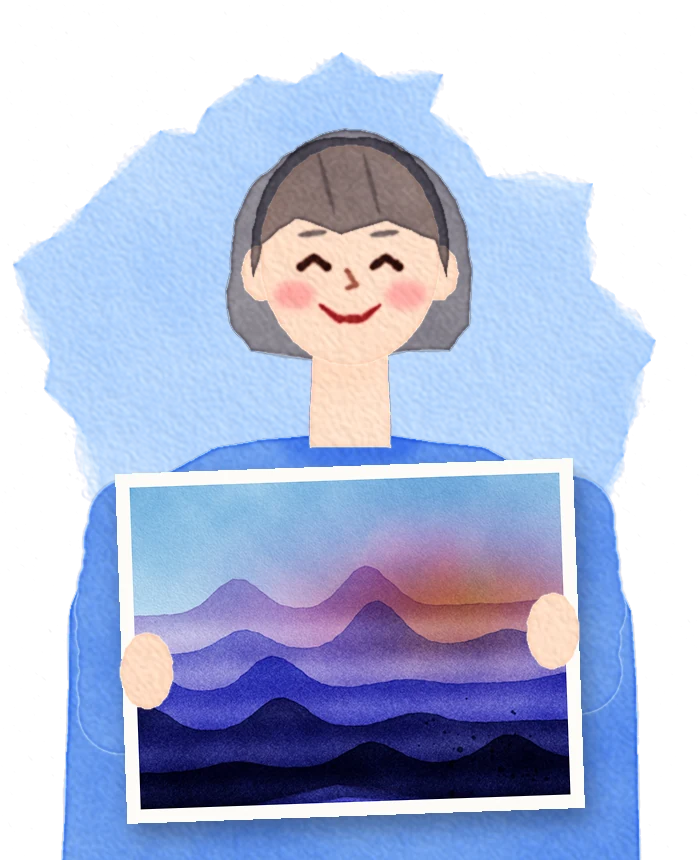 Illustration of Linda holding up her painting of misty mountains