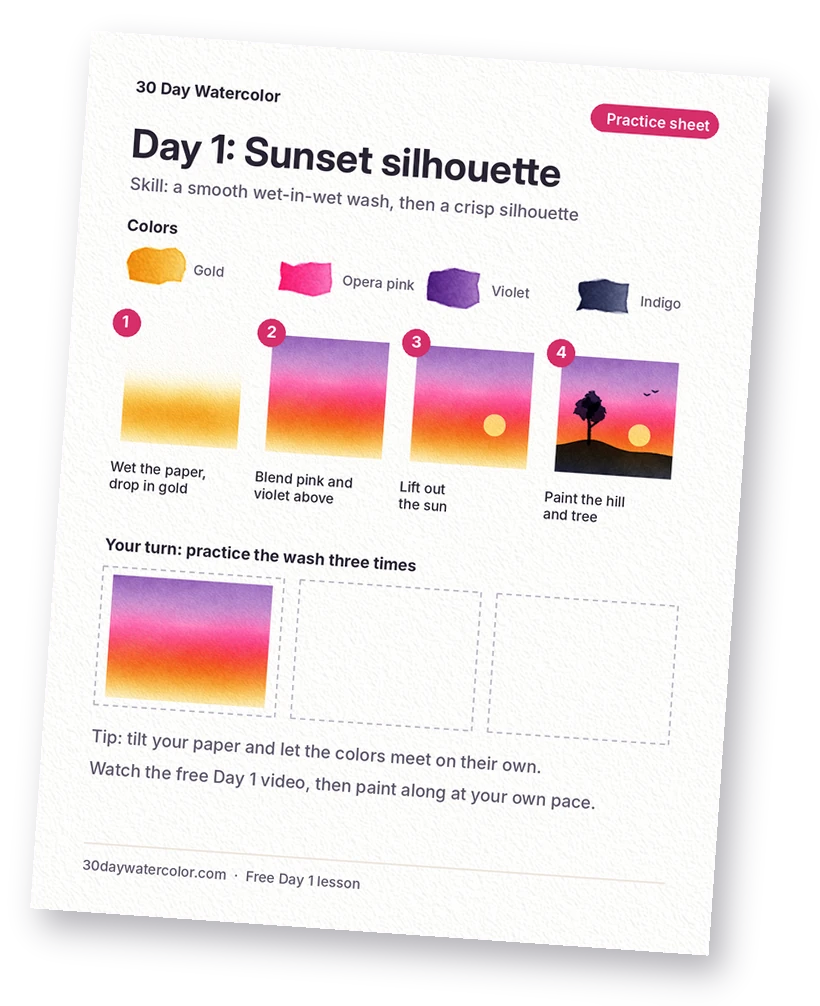 Printable Day 1 practice sheet showing the colors, four painting steps and practice boxes for the sunset silhouette