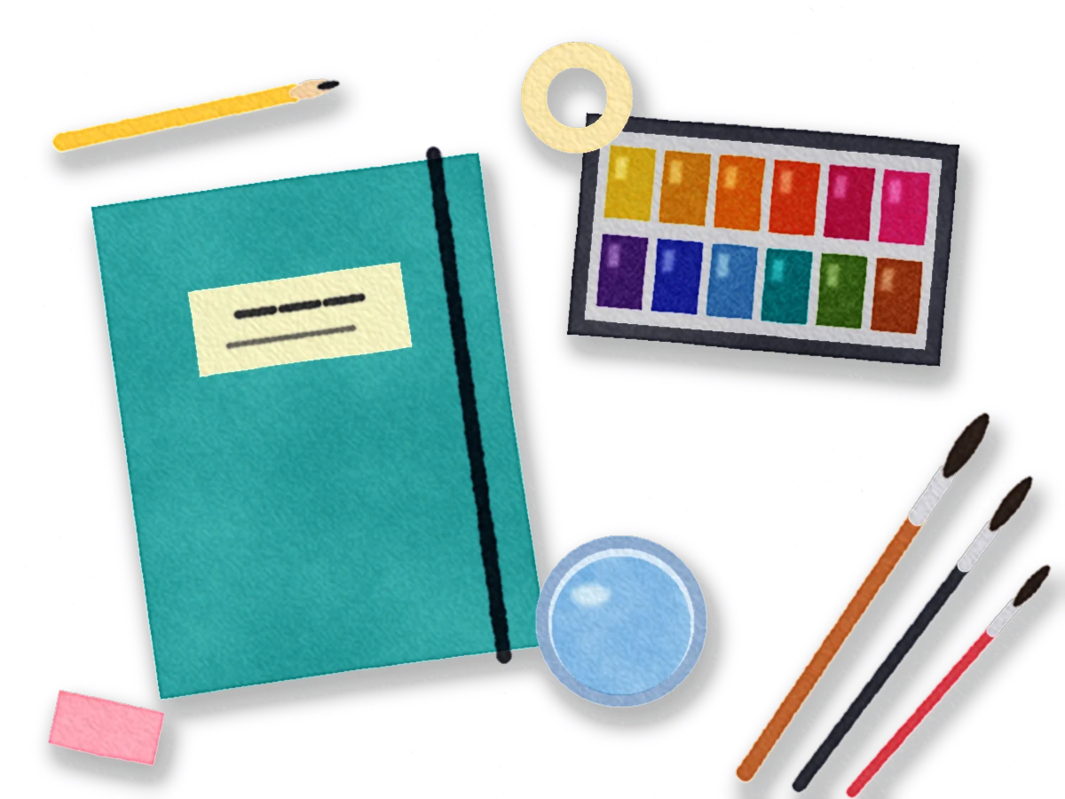 The 30-Day Watercolor Kit laid out: a teal watercolor notebook, a 12-color paint set, three brushes, a water cup, masking tape, a pencil and an eraser