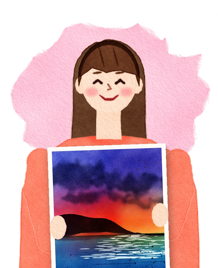 Illustration of Maya on Day 30, holding up a dramatic seascape at sunset