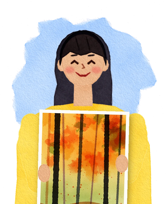 Illustration of Priya holding up a painting of autumn woods