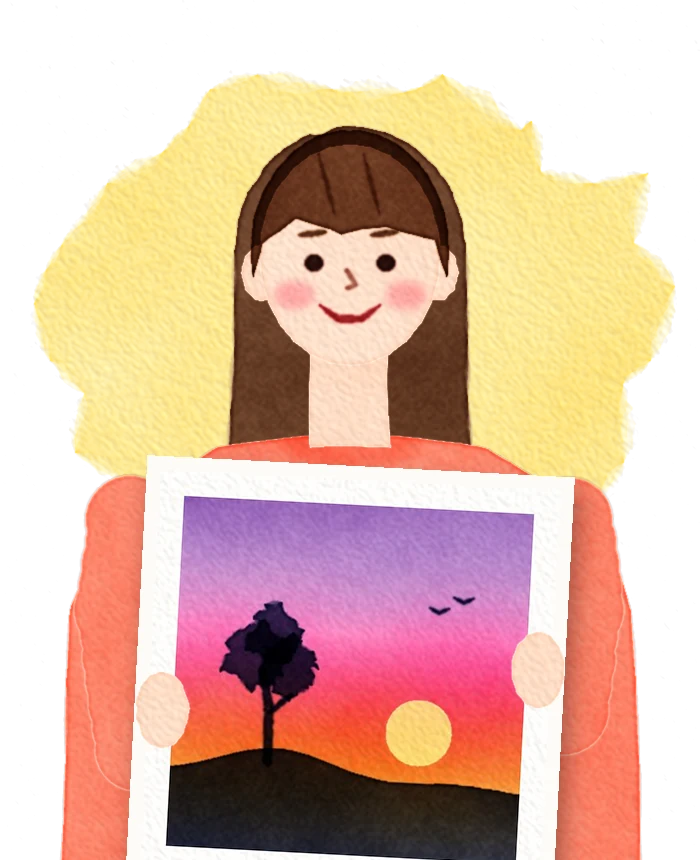 Illustration of Maya on Day 1, holding up a simple sunset silhouette