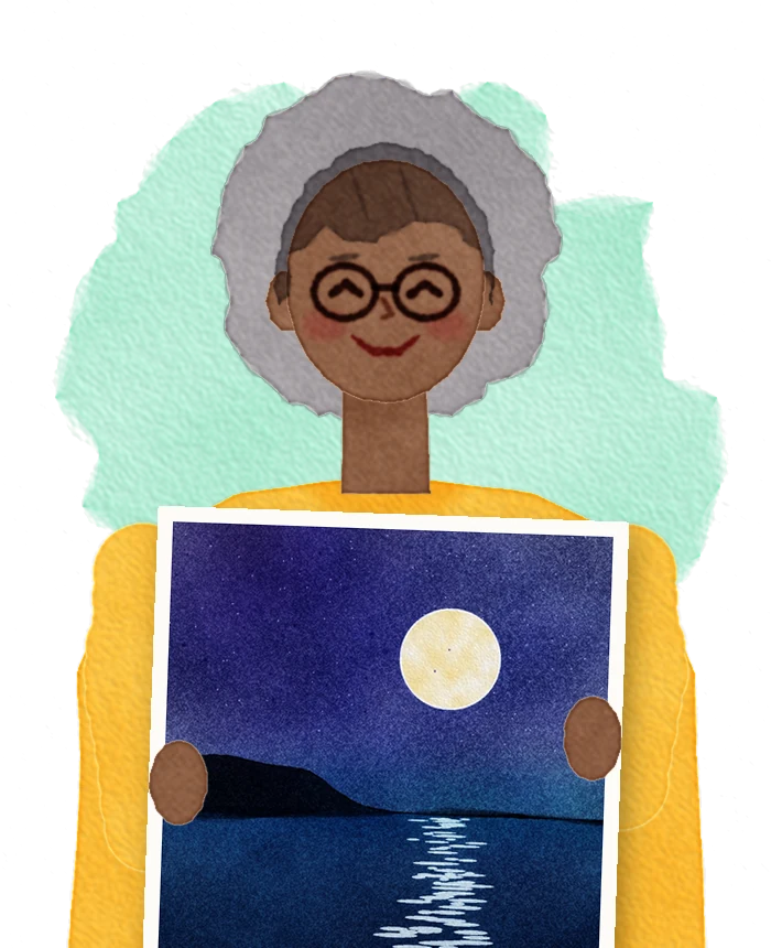 Illustration of Gloria holding up her painting of a moonlit bay